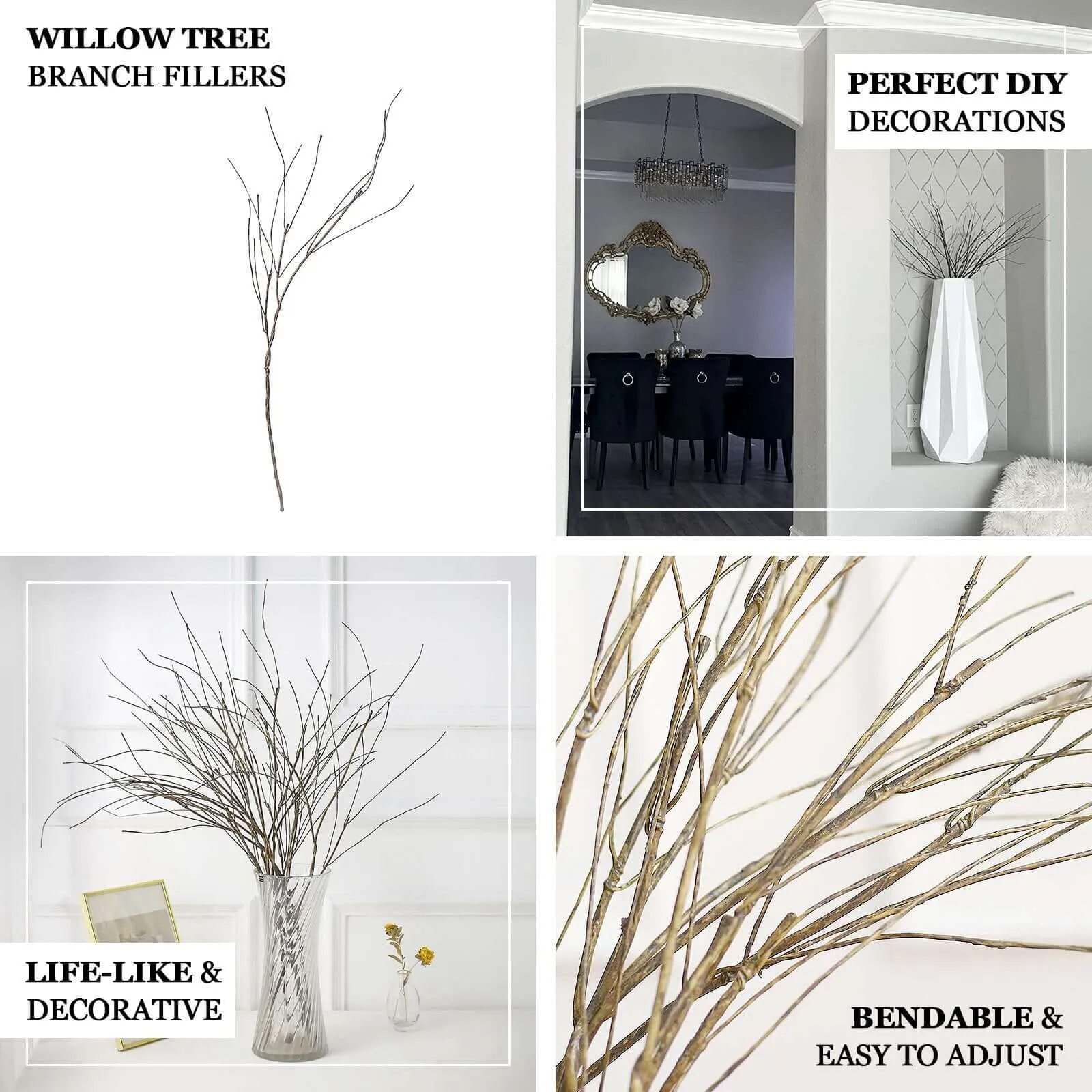 10 Pack 37" Tall Decorative Artificial Willow Tree Stem Branches, Lifelike DIY Bendable Faux Wooden Craft Decor Vase Filler