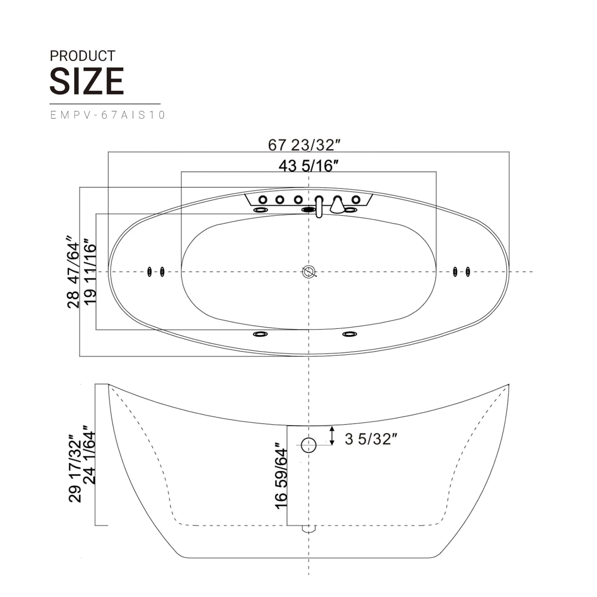 Freestanding Whirlpool Bathtub with Center Drain