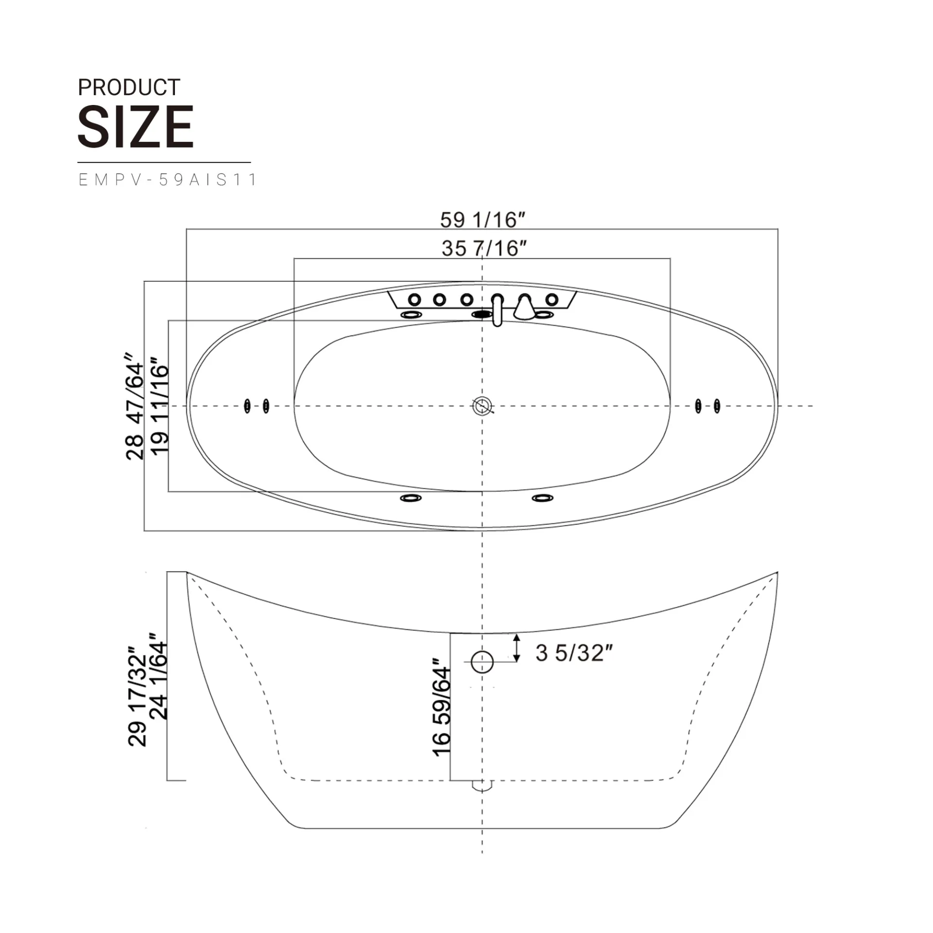 Freestanding Whirlpool Bathtub with Center Drain