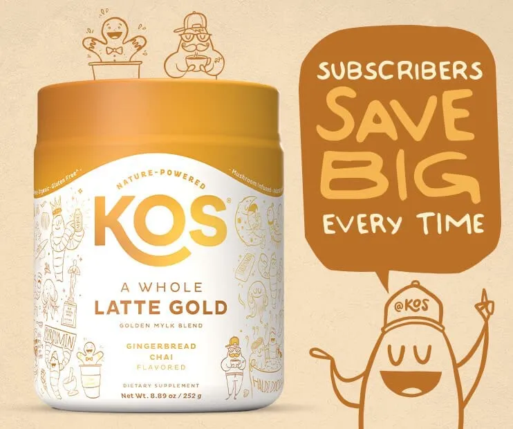 KOS, Golden Milk Powder, USDA Organic Superfoods - Instant Turmeric and Ginger Latte with Mushroom Blend - Coffee Creamer, Dessert & Smoothie - Vegan, Dairy-Free, Gingerbread Chai Flavored, 28 Servings